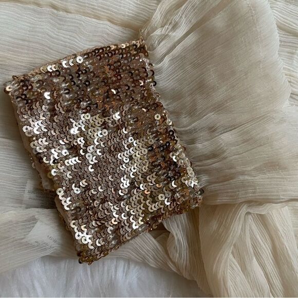 Free People sheer beige long sleeves blouse with gold sequins cuffs size Medium - Picture 10 of 15